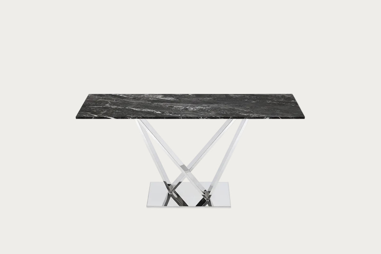 Victory console table with black marble top and silver metal base on a white background.