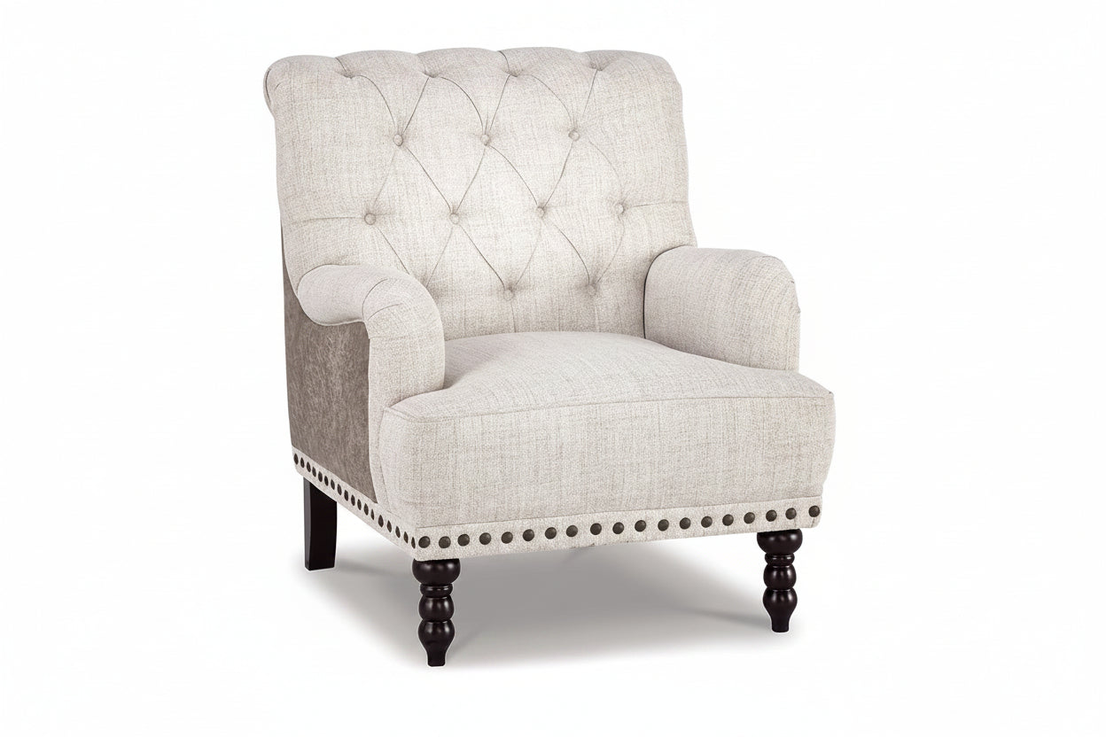 Beige armchair with tufted backrest and wooden legs on a white background