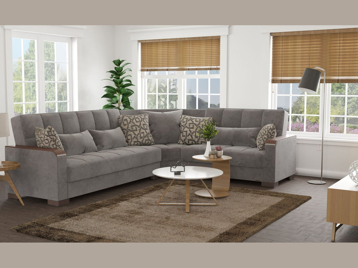 Ottomanson Armada X - Upholstered Convertible Wood Trimmed Sectional With Storage - Microfiber