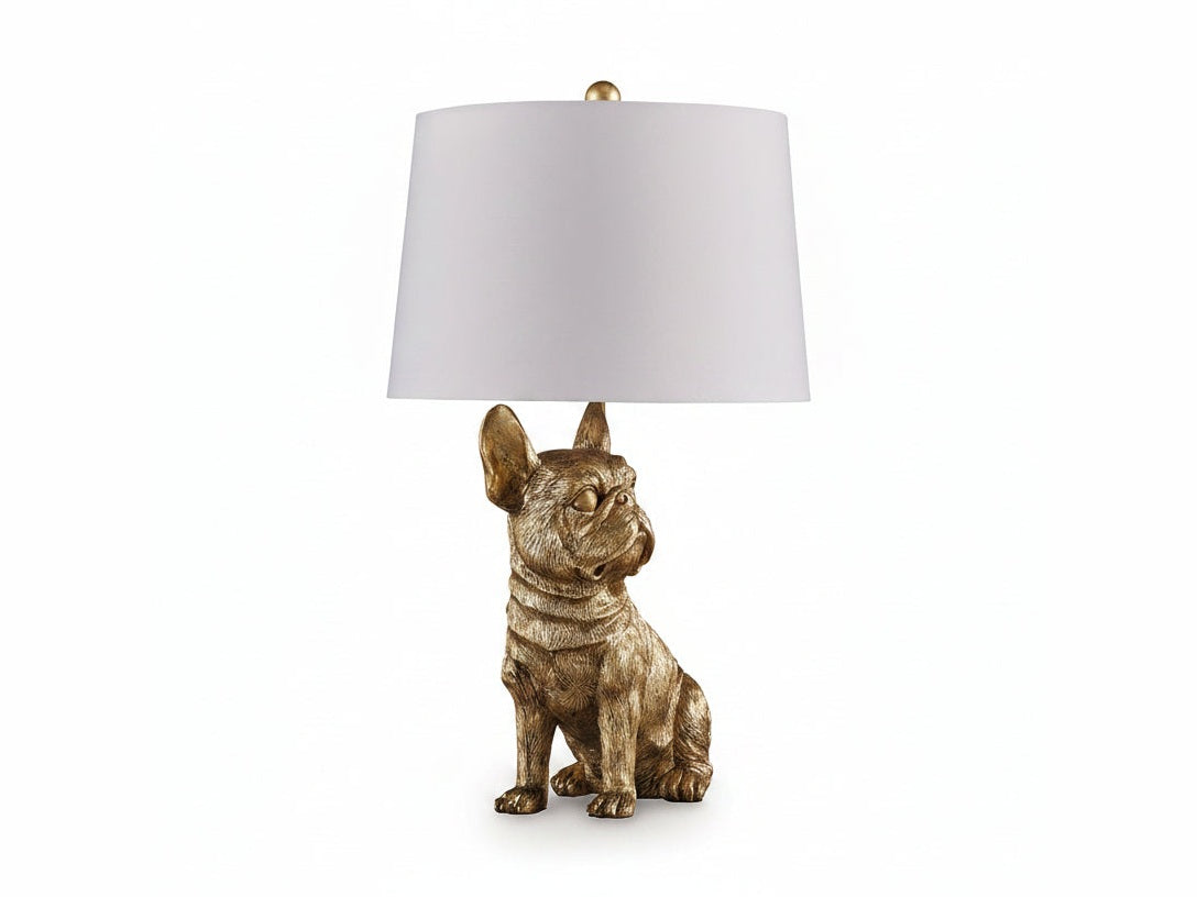 Wadeland gold bulldog-shaped table lamp with a white lampshade on a white background.