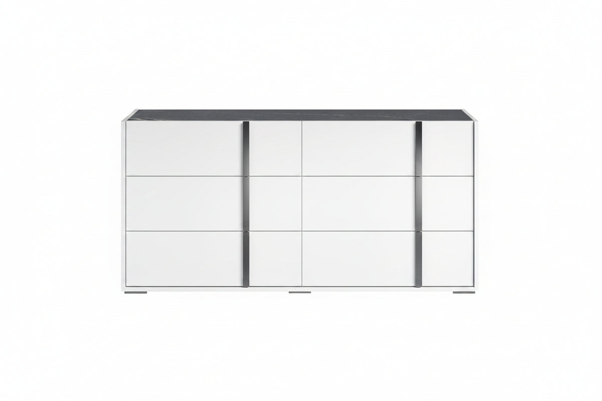 A modern 8-drawer dresser with glossy white mirrored doors and slim vertical black handles, shown against a plain white background.