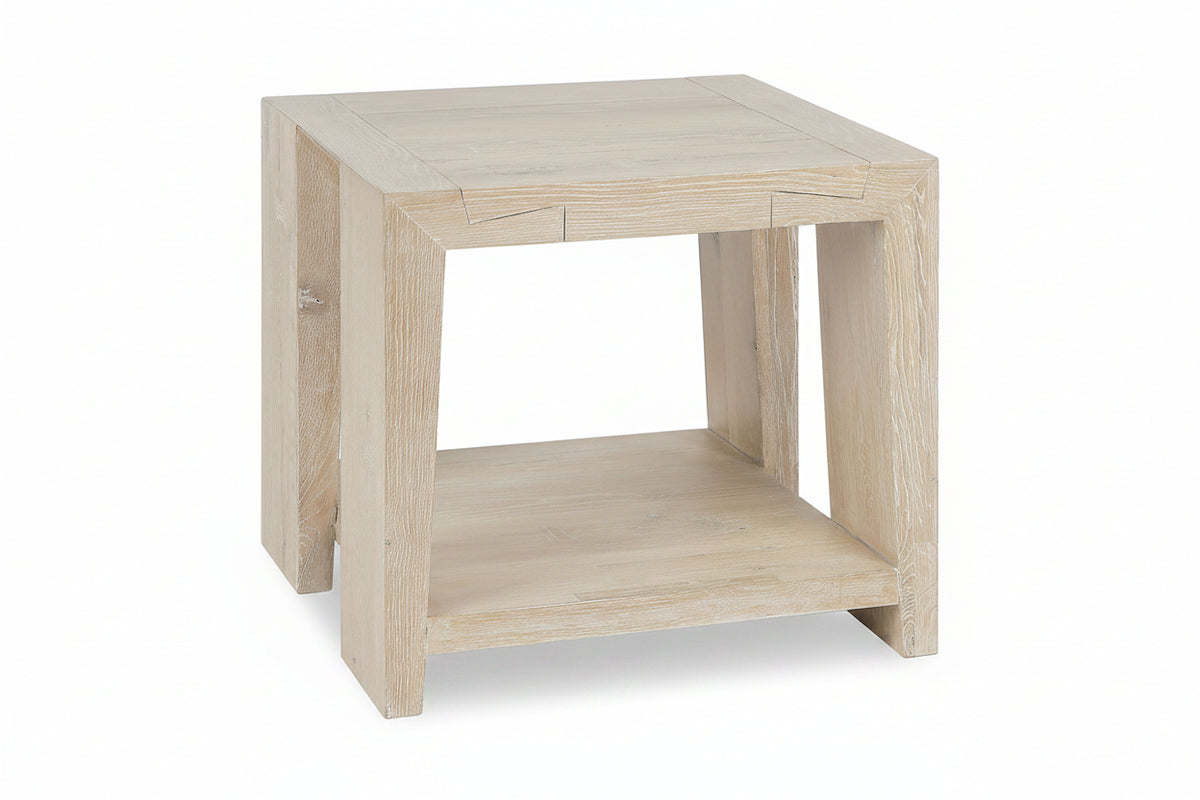 Light wooden side table with a shelf on a white background