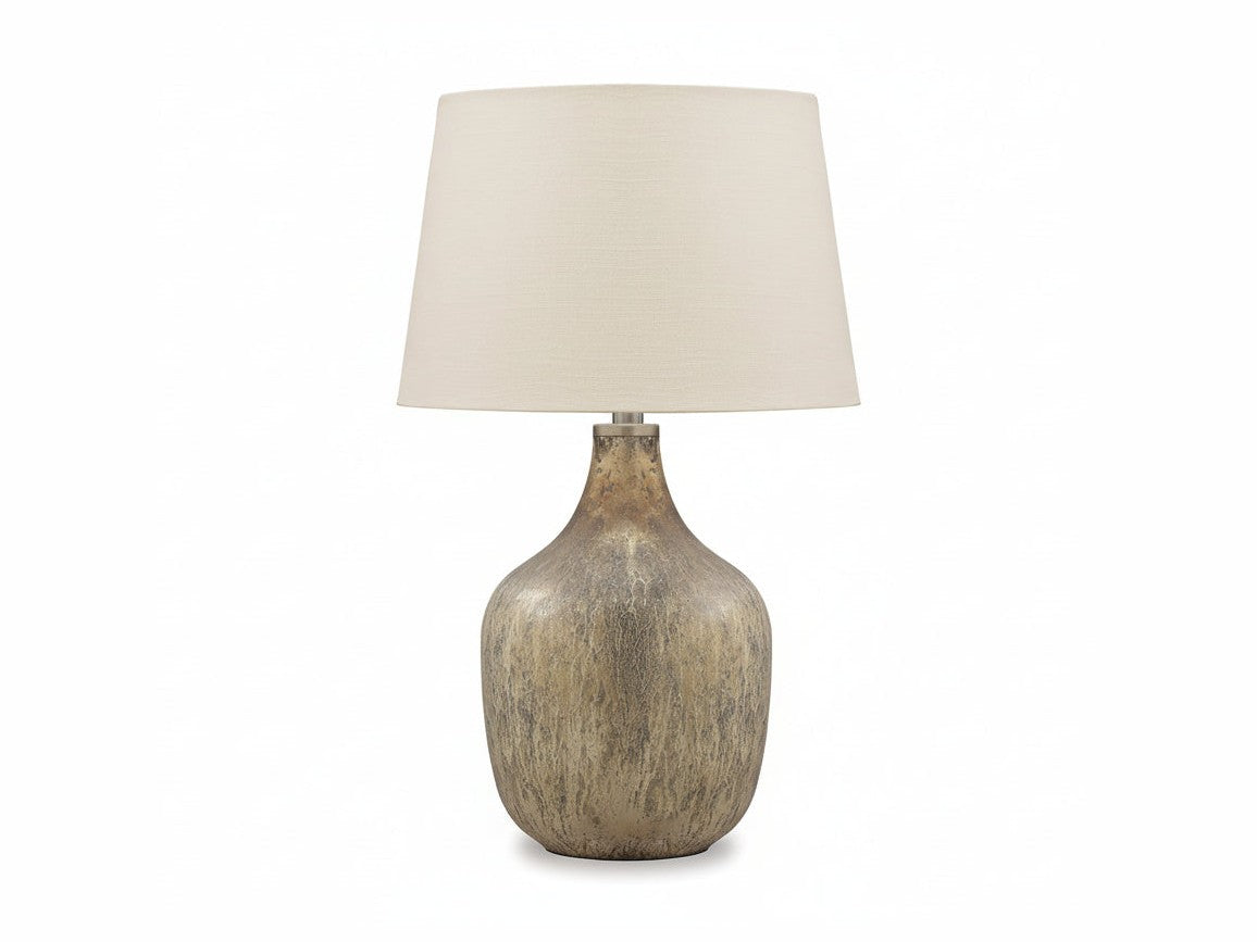 Mari table lamp with a textured ceramic base and beige lampshade on a white background.