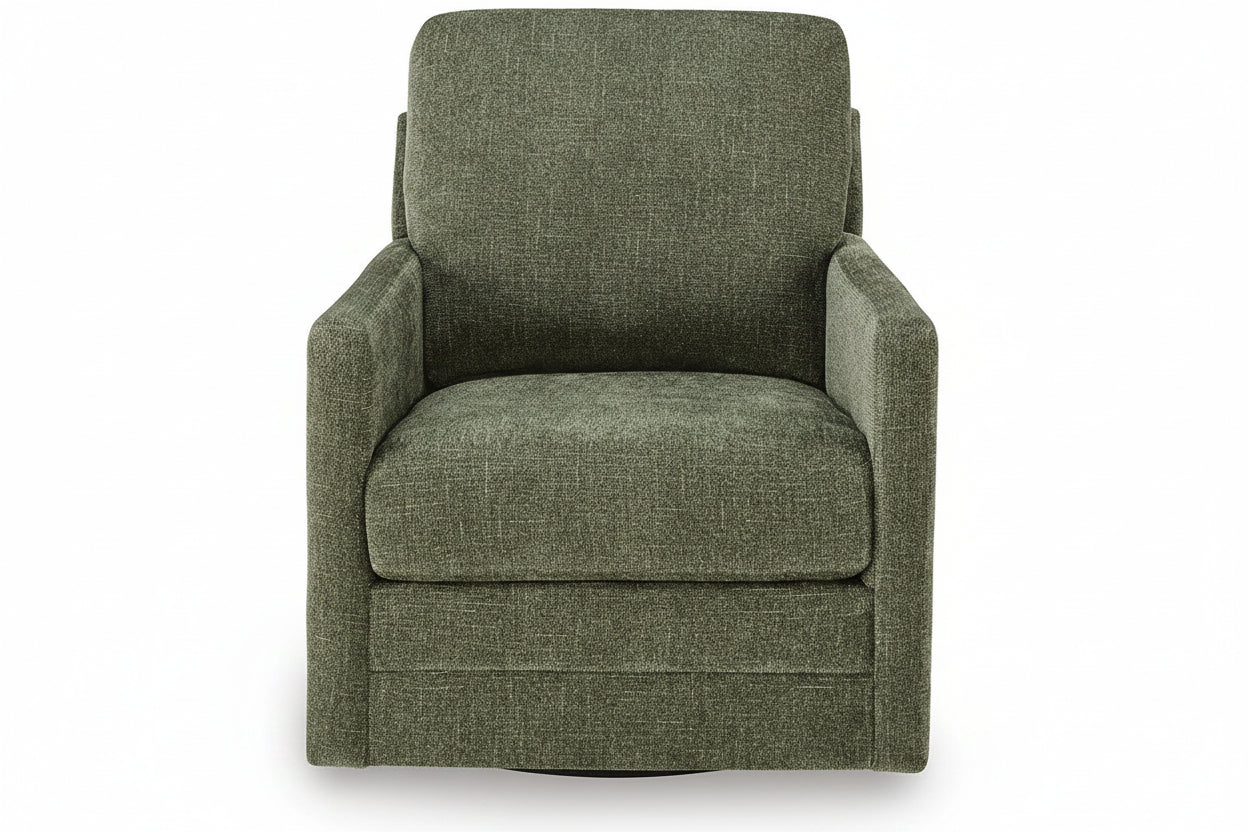An upholstered armchair in textured olive green fabric, shown from the front against a plain white background.