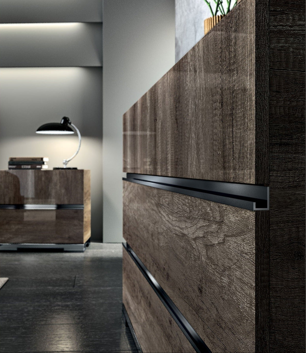 A close-up of a modern wooden dresser with dark brown wood grain finish and sleek black horizontal handles, set in a contemporary interior room.