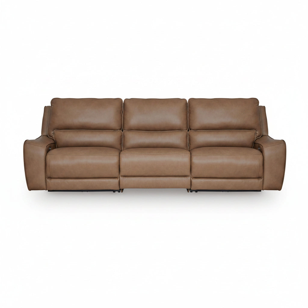 Brown leather sofa with reclining sections on a white background