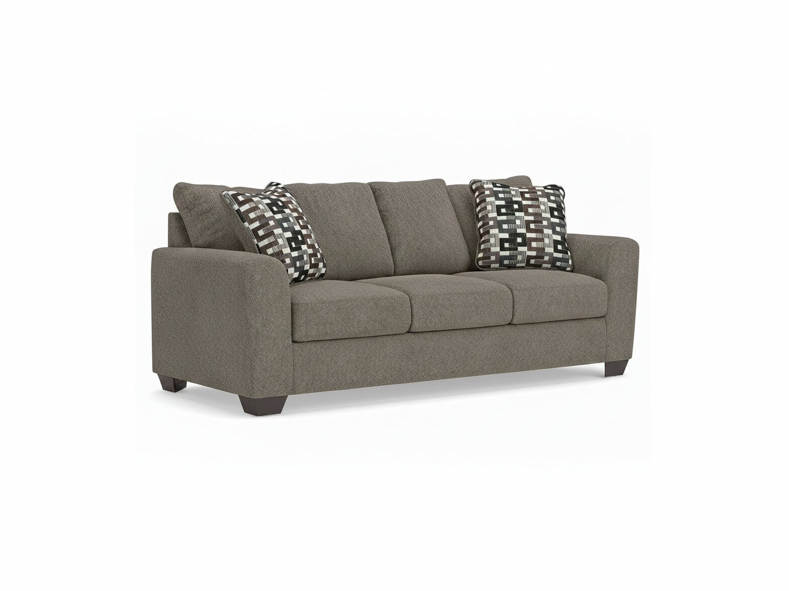Triston light brown sofa with patterned cushions on a white background