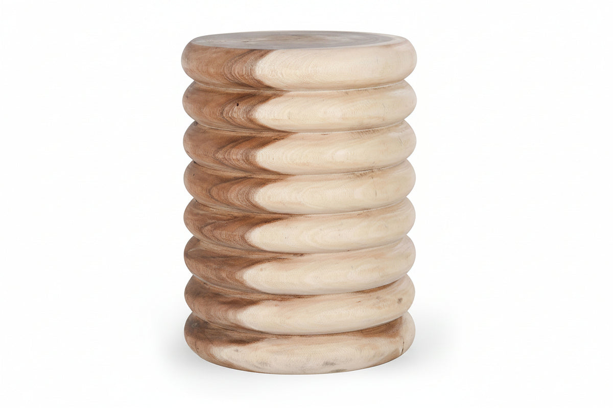 Wooden stool with stacked ring design on a white background