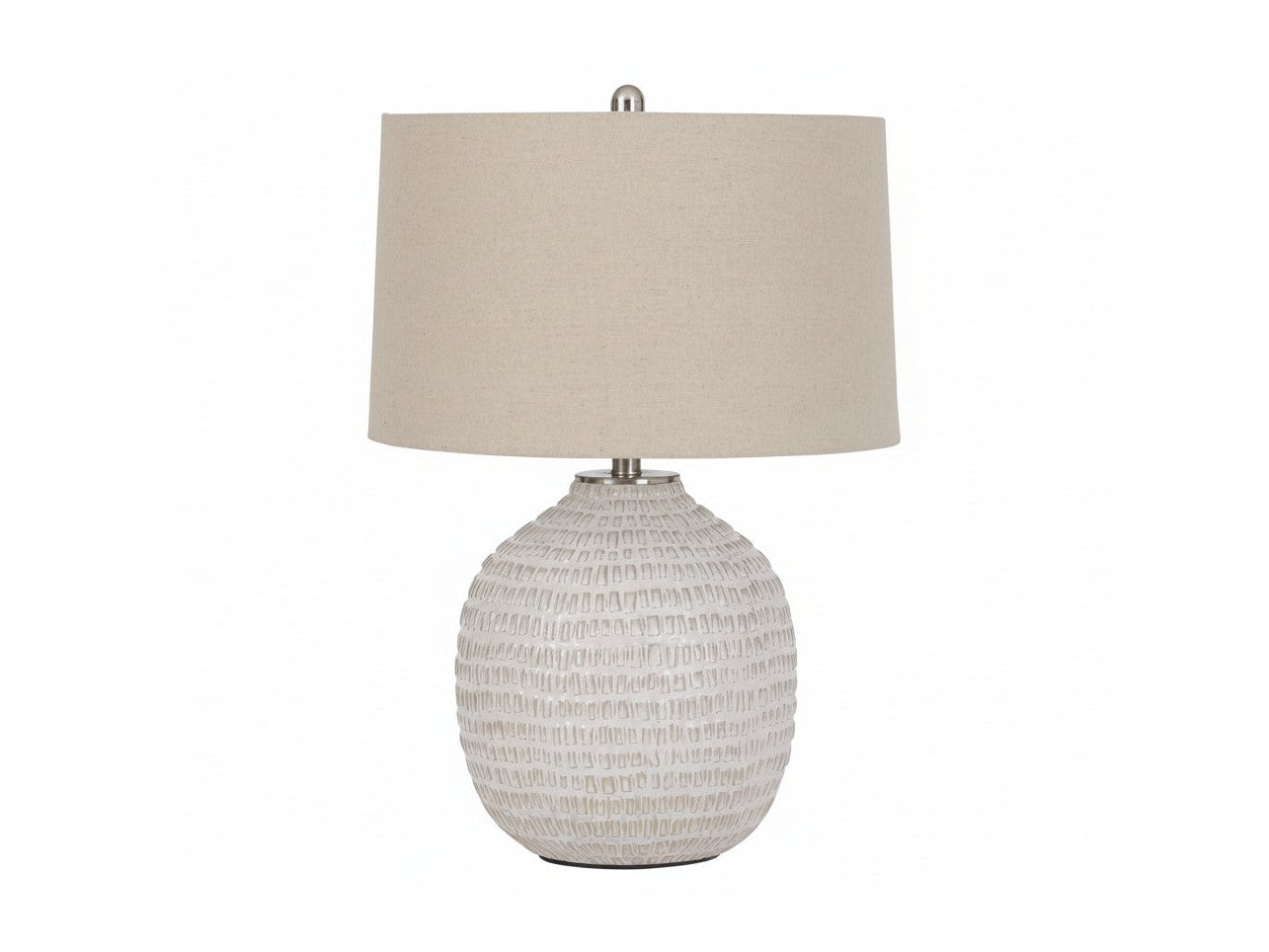 Jamon table lamp with textured base and beige lampshade on a white background.