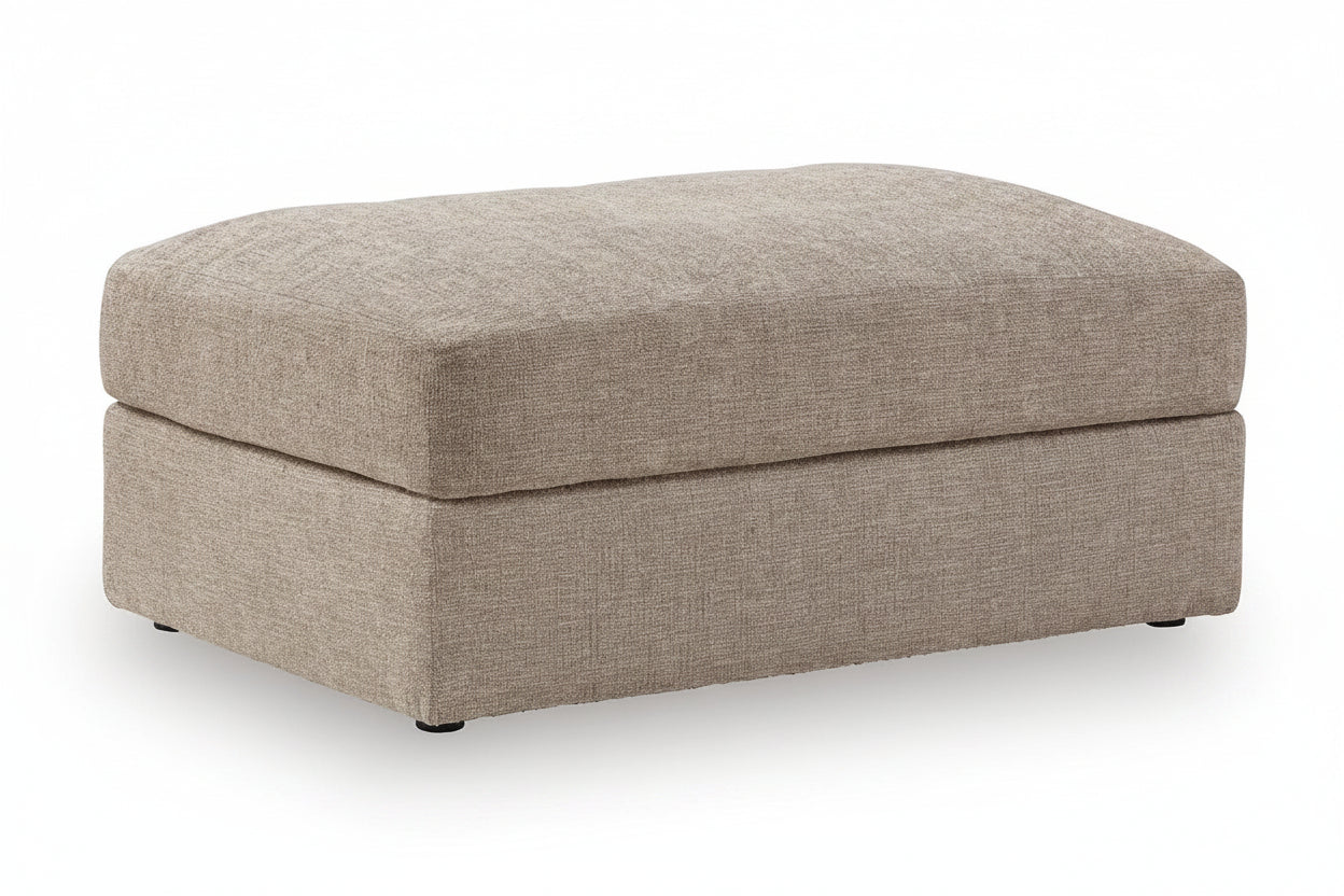 A rectangular upholstered ottoman with a lift-top design, upholstered in a textured beige fabric, shown on a white background.
