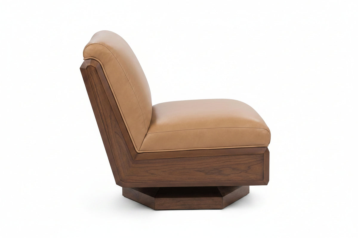 Tan leather armchair with wooden frame on a white background