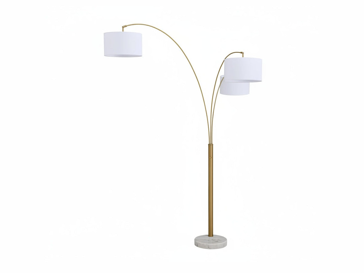 The Valo arc floor lamp with two white lampshades on a white background