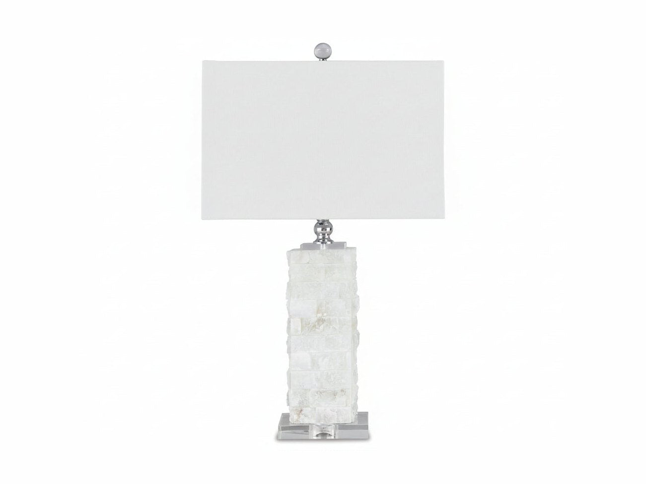 Malise table lamp with a white rectangular shade and a textured white base on a white background