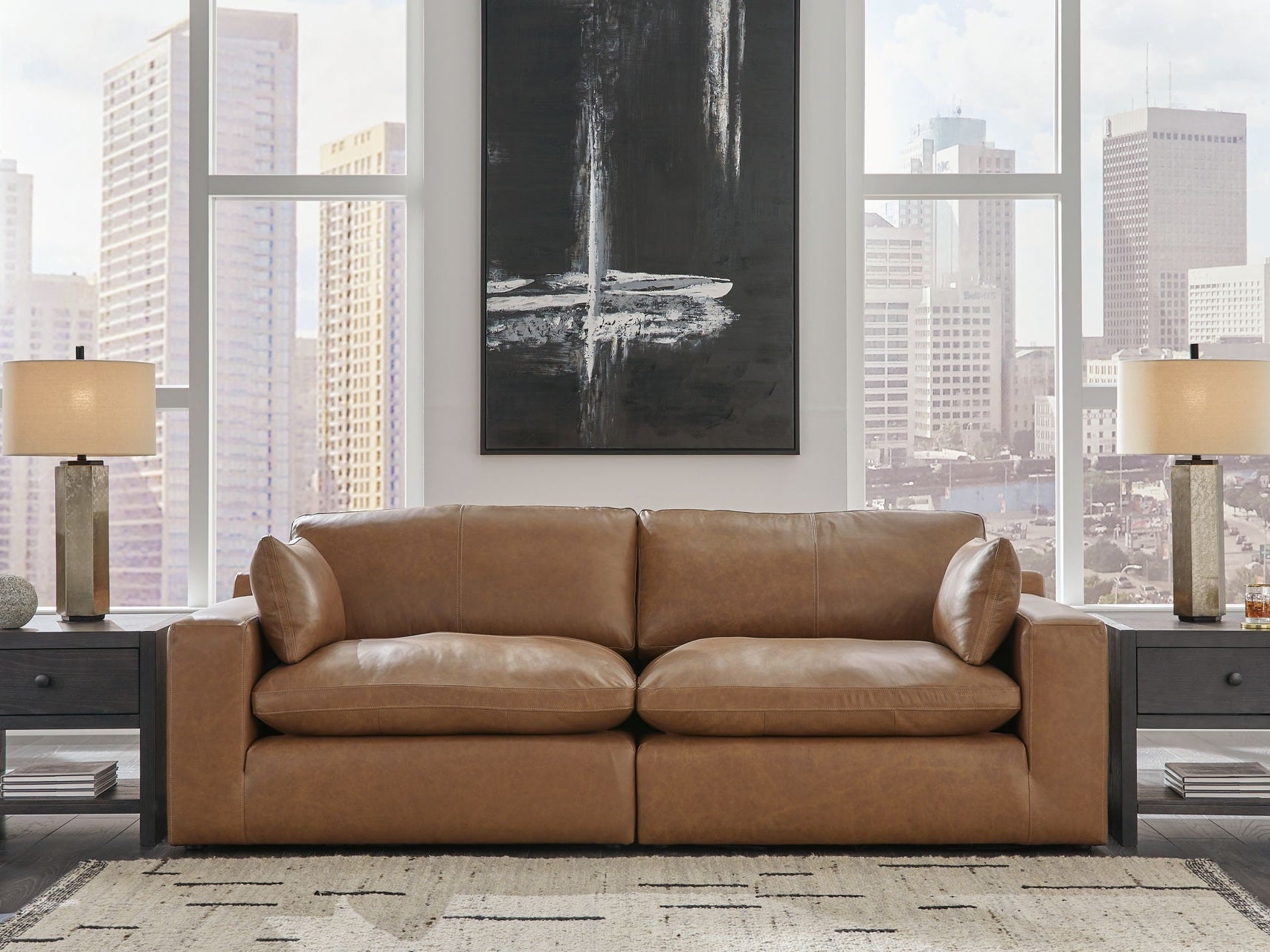 Emilia - 3 Pc. - 2-Piece Sectional Loveseat, Ottoman - Caramel