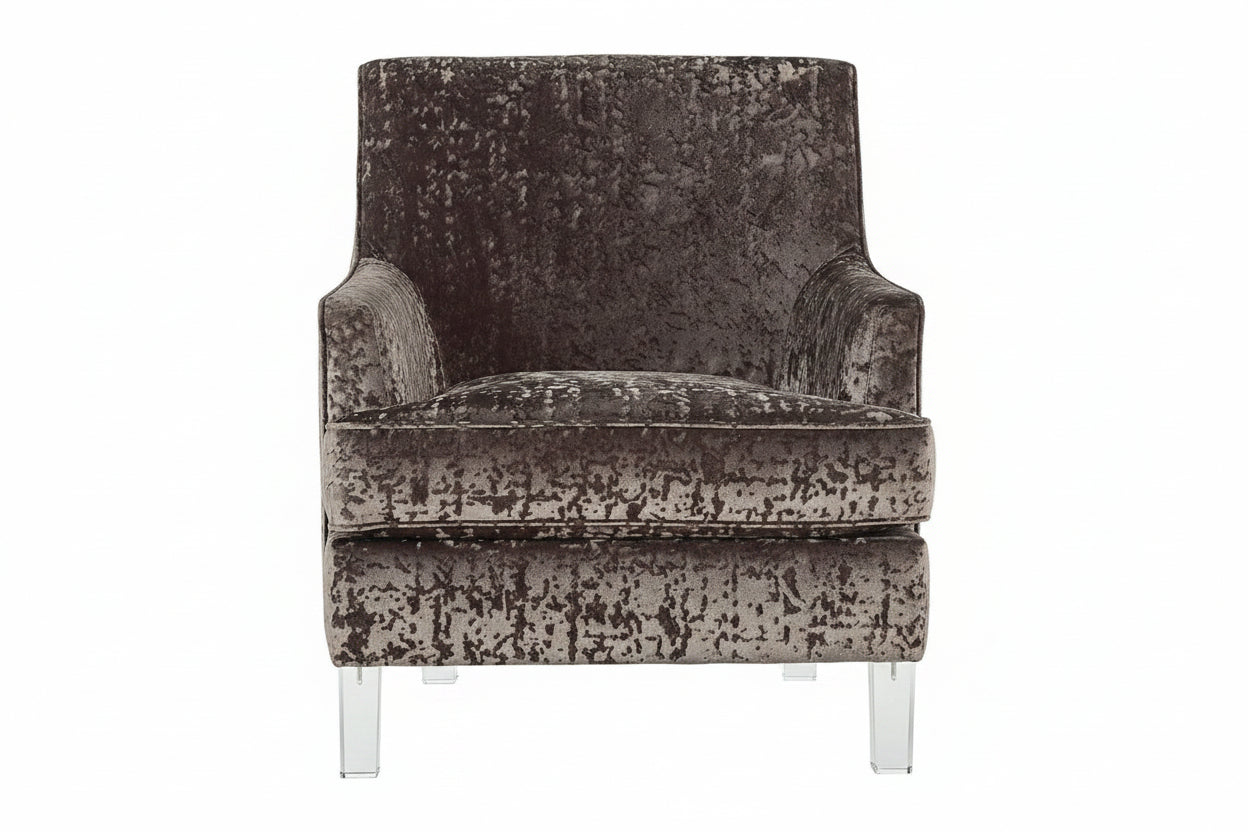 Gray textured armchair with clear acrylic legs on a white background