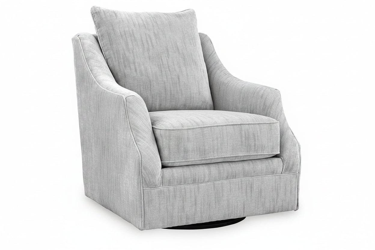 Gray upholstered swivel chair on a white background