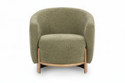 Sage dust-colored upholstered armchair with wooden legs on a white background