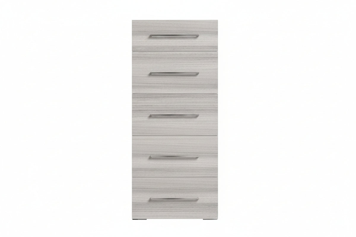 A tall, narrow five-drawer chest or organizer with a light gray wood grain finish and slim horizontal metallic handles, shown against a plain white background.