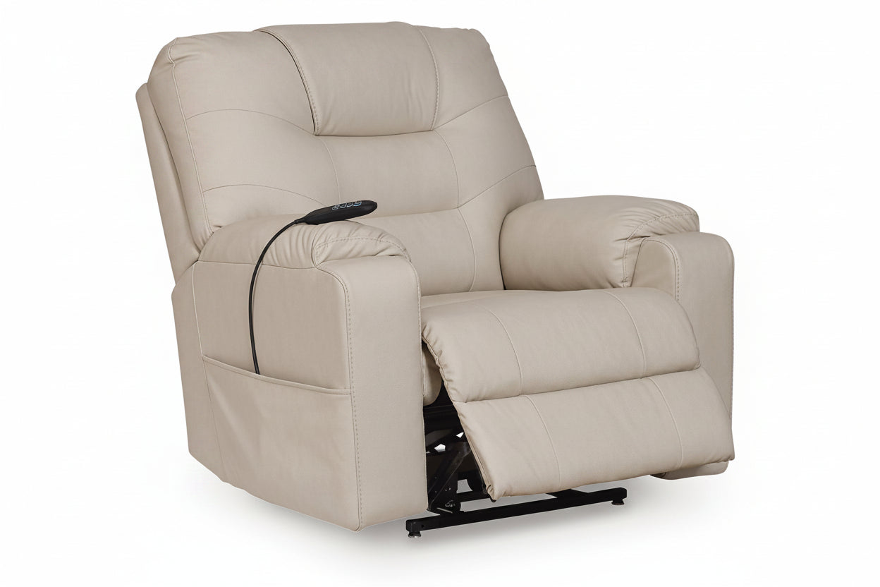 Beige recliner chair with armrest control on a white background