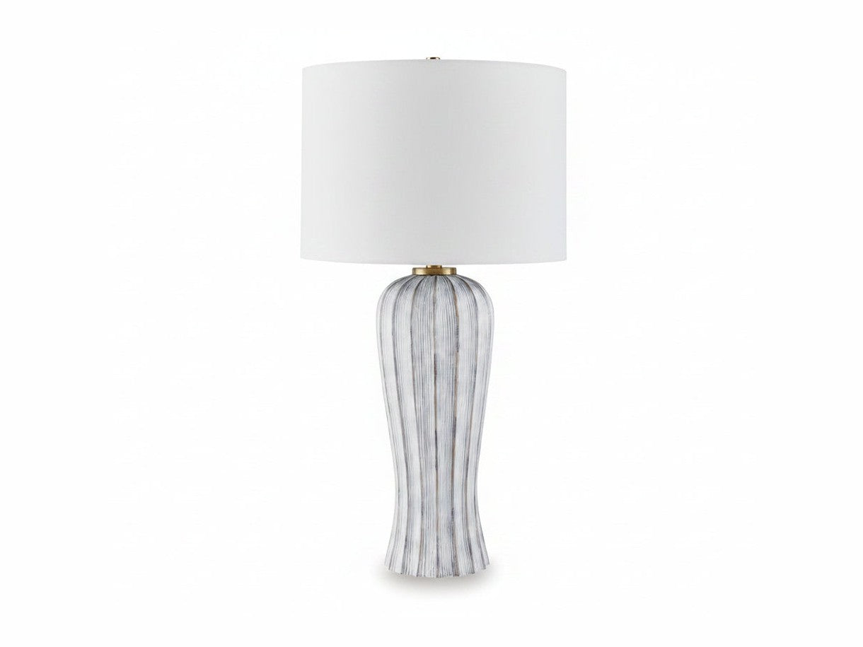 Lanwell table lamp with a textured gray base and white shade on a white background.