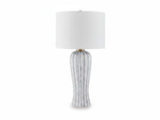 Lanwell table lamp with a textured gray base and white shade on a white background.