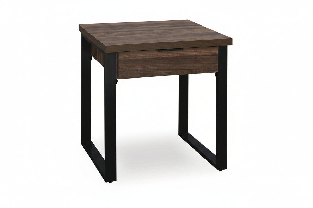 Wooden side table with black metal legs on a white background