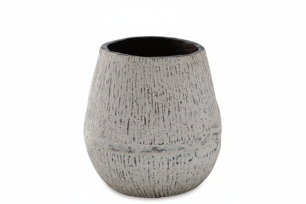 Textured gray ceramic vase on a white background