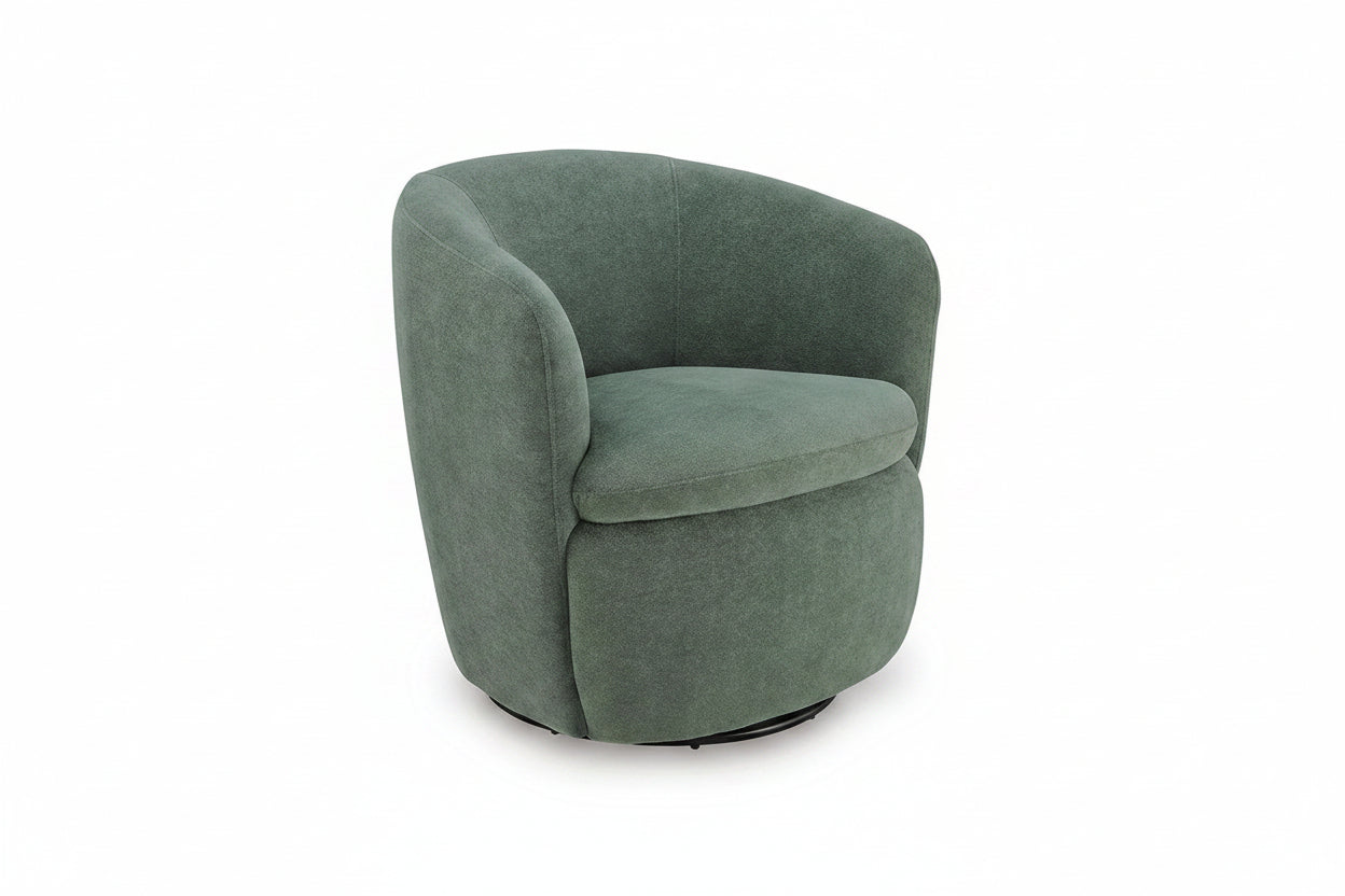 A modern barrel-style swivel armchair upholstered in textured sage green fabric, shown against a plain white background.