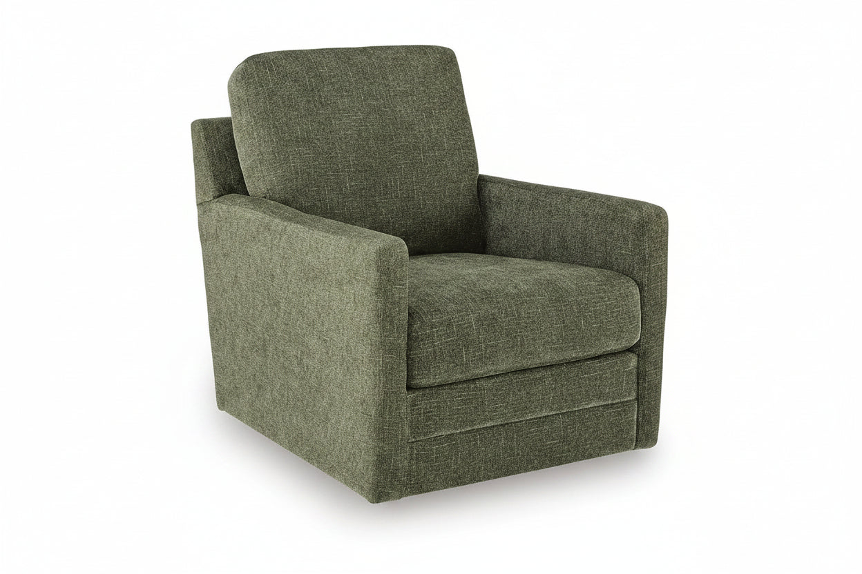 An upholstered armchair in textured olive green fabric, shown at a three-quarter angle on a clean white background.