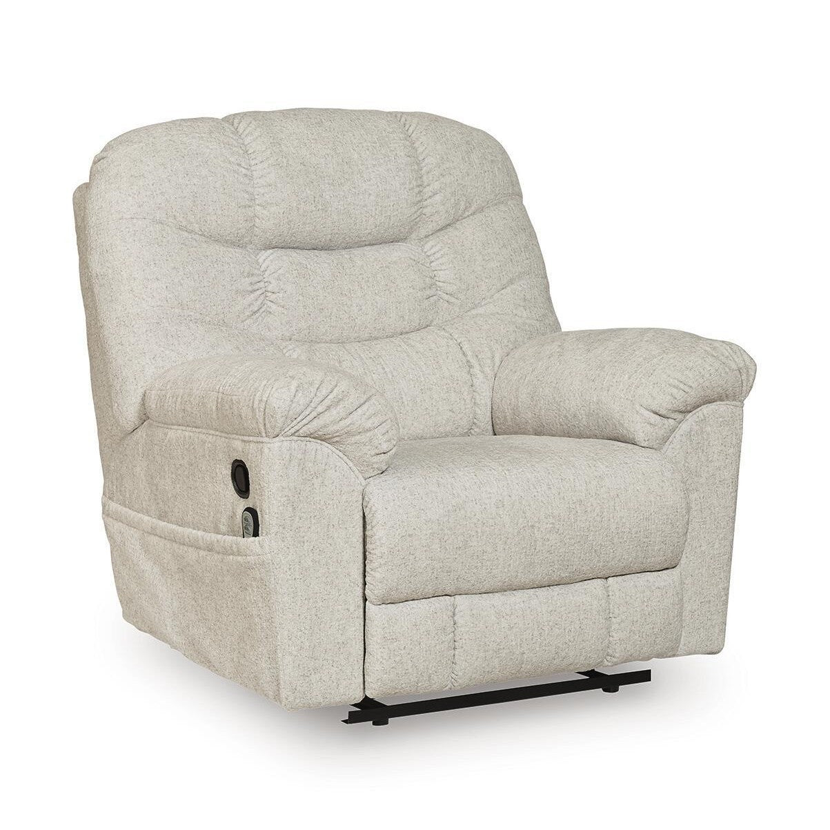 A light beige upholstered recliner chair with padded backrest, wide armrests, and a black metal base, shown on a plain white background.