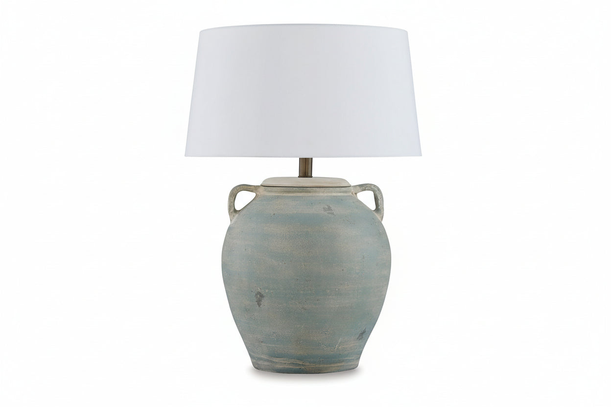 Shawburg table lamp with a textured ceramic base and white lampshade on a white background.