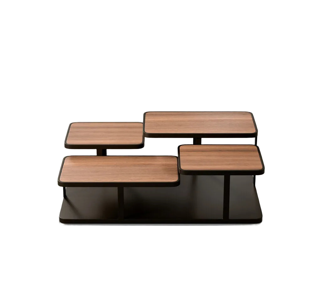 Wooden bench with a black base on a light gray background