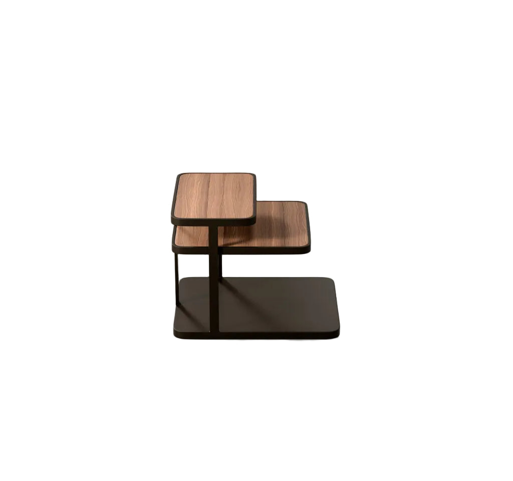 Wooden side table with a minimalist design on a light gray background