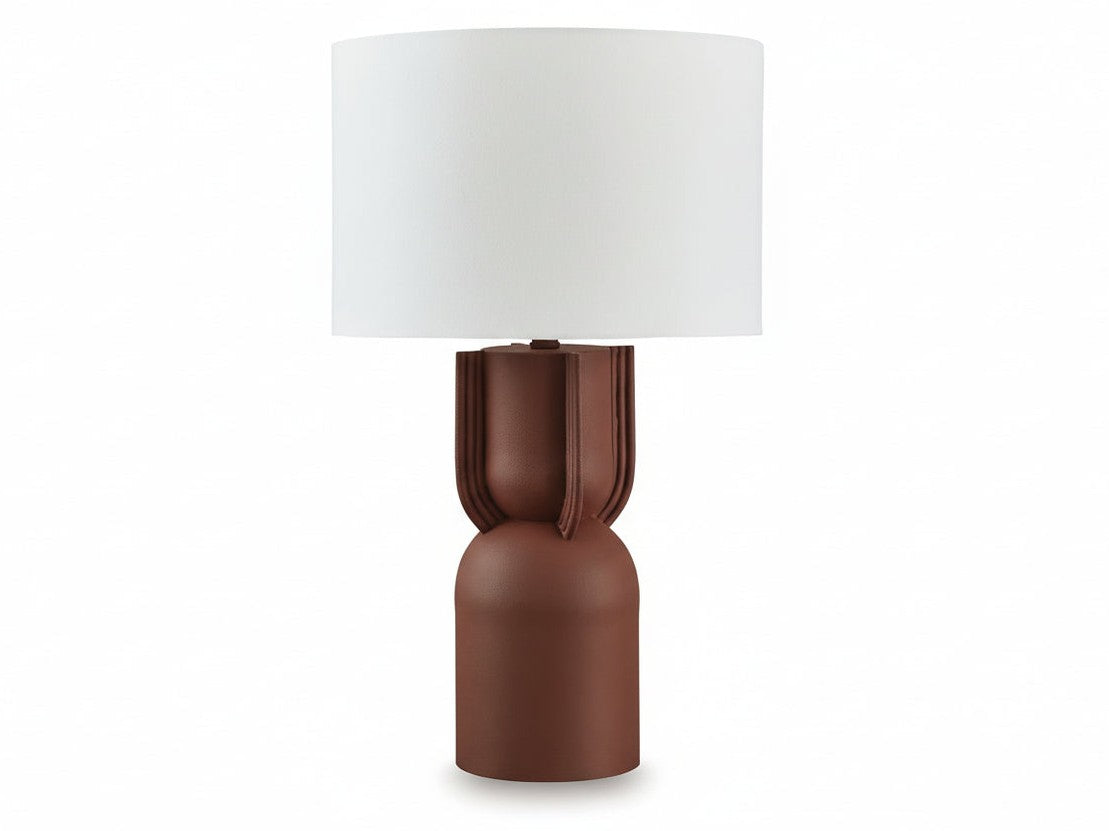 The Rowandale table lamp features a brown base and a white shade, set against a white background.
