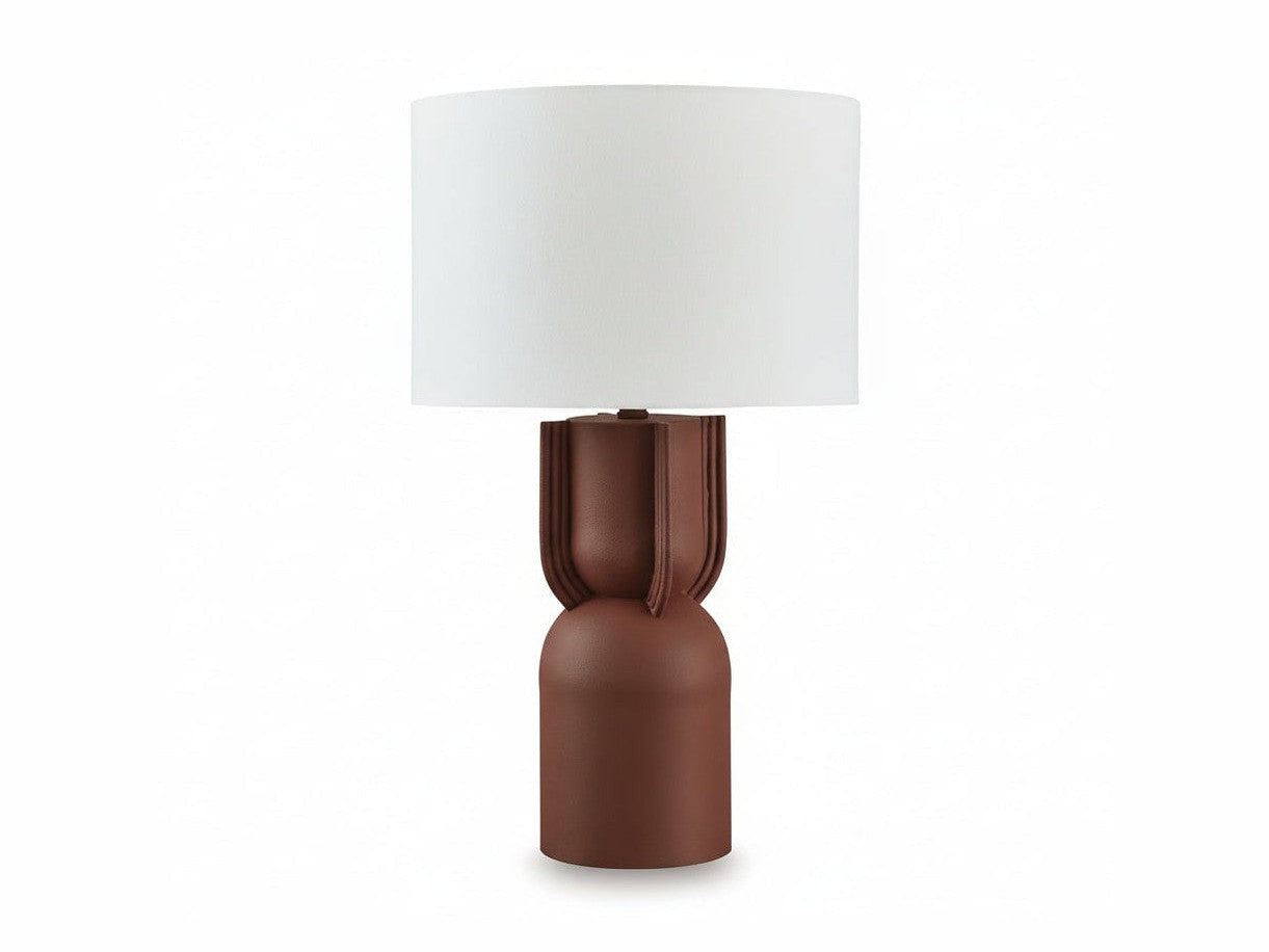 The Rowandale table lamp features a brown base and a white shade, set against a white background.
