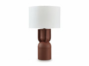 The Rowandale table lamp features a brown base and a white shade, set against a white background.