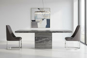 Gray marble dining table with two matching chairs on a white background