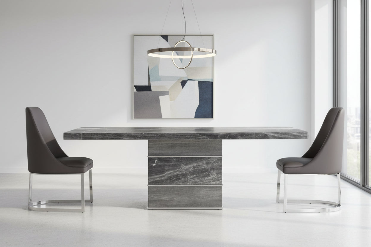 Gray marble dining table with two matching chairs on a white background