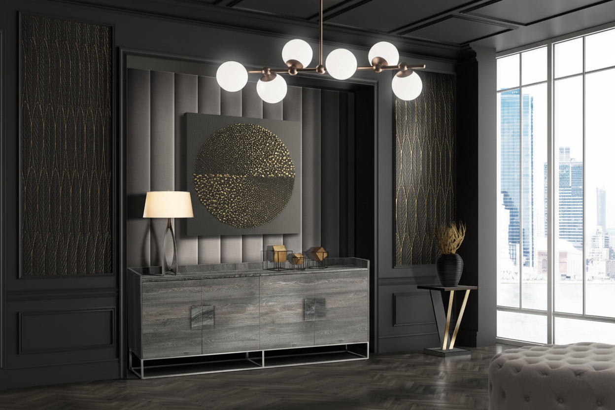 Modern interior design with a sideboard, lamp, and decorative items in a room with large windows.