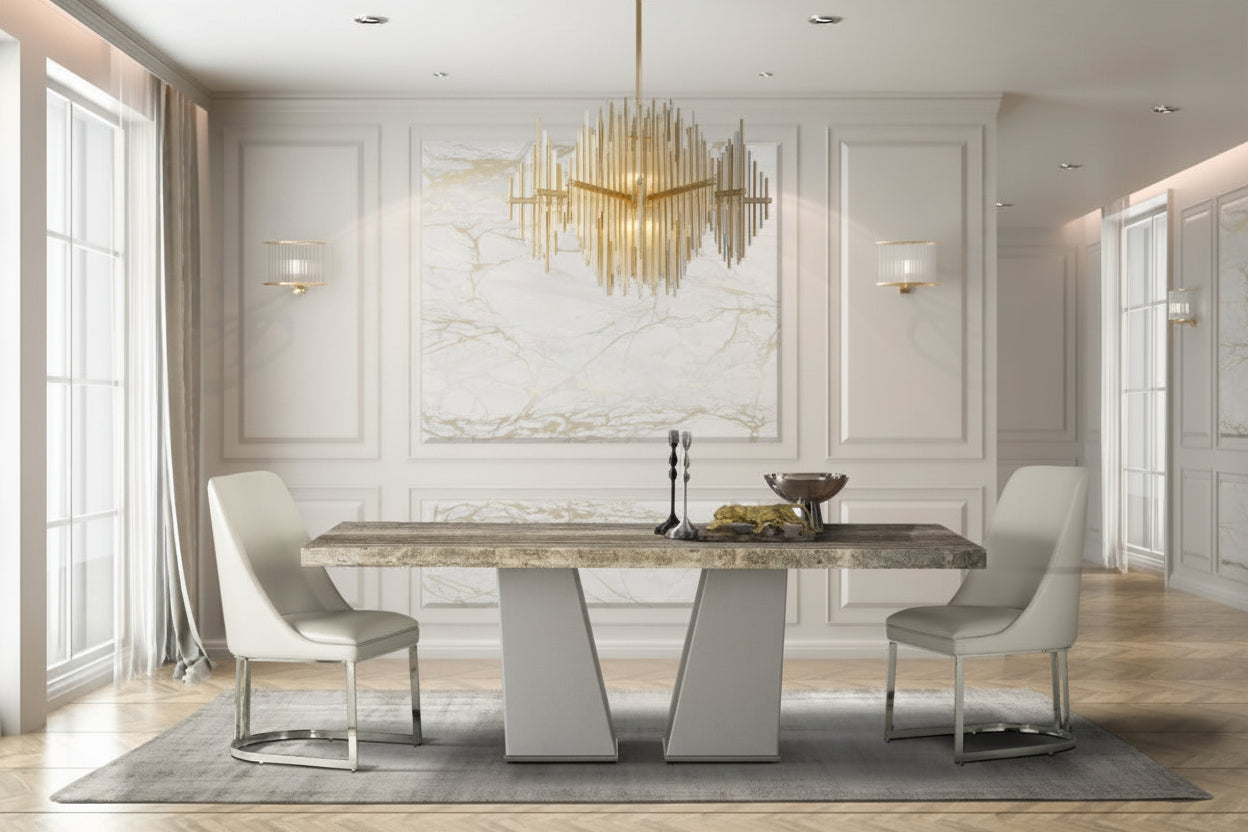 Modern marble dining table and chairs, gold chandelier, and large windows.