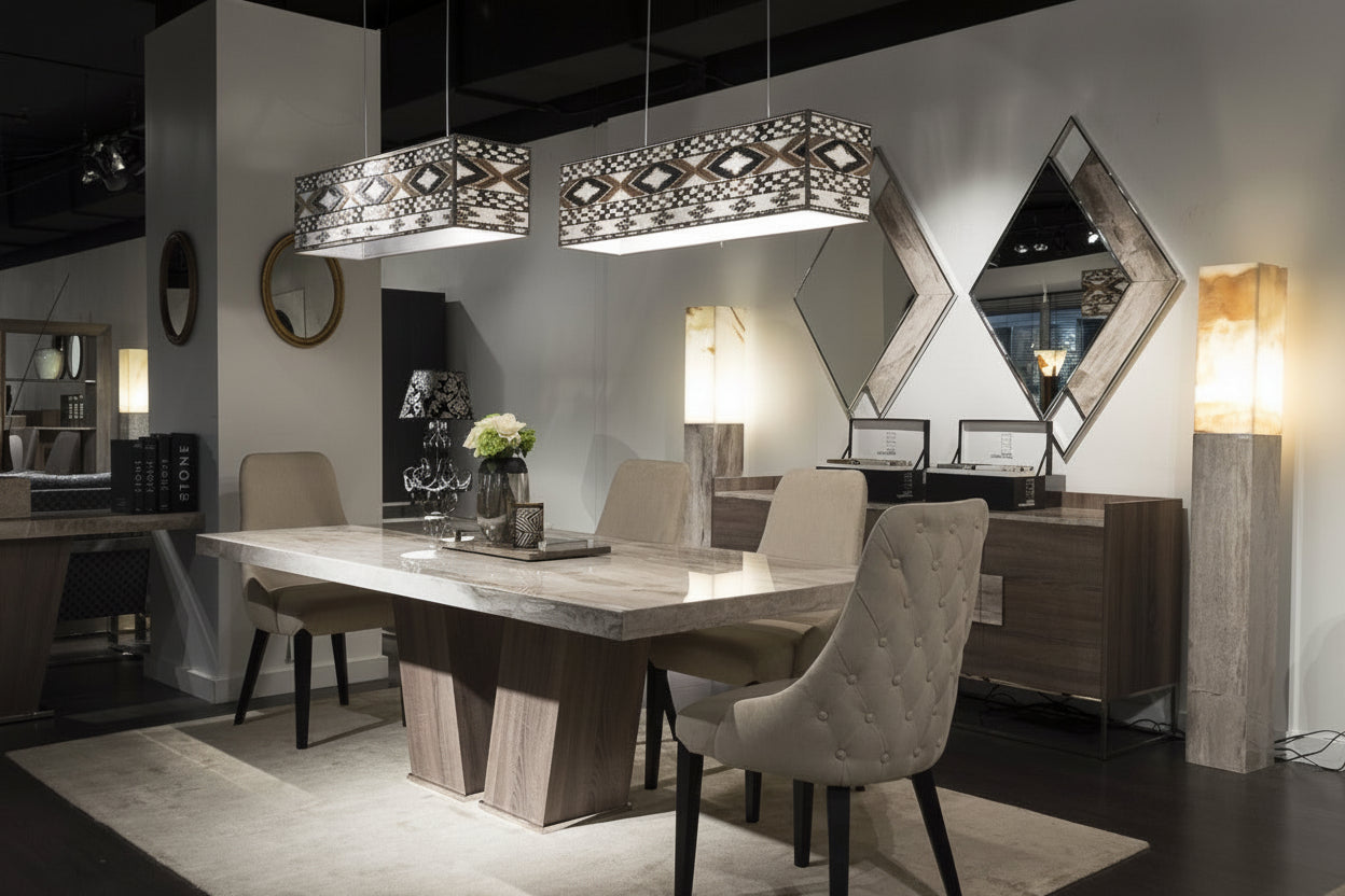 The Luna modern dining room set includes a table, chairs, and decorative mirrors.