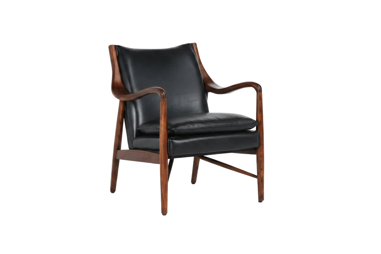 Black leather armchair with wooden frame on a white background