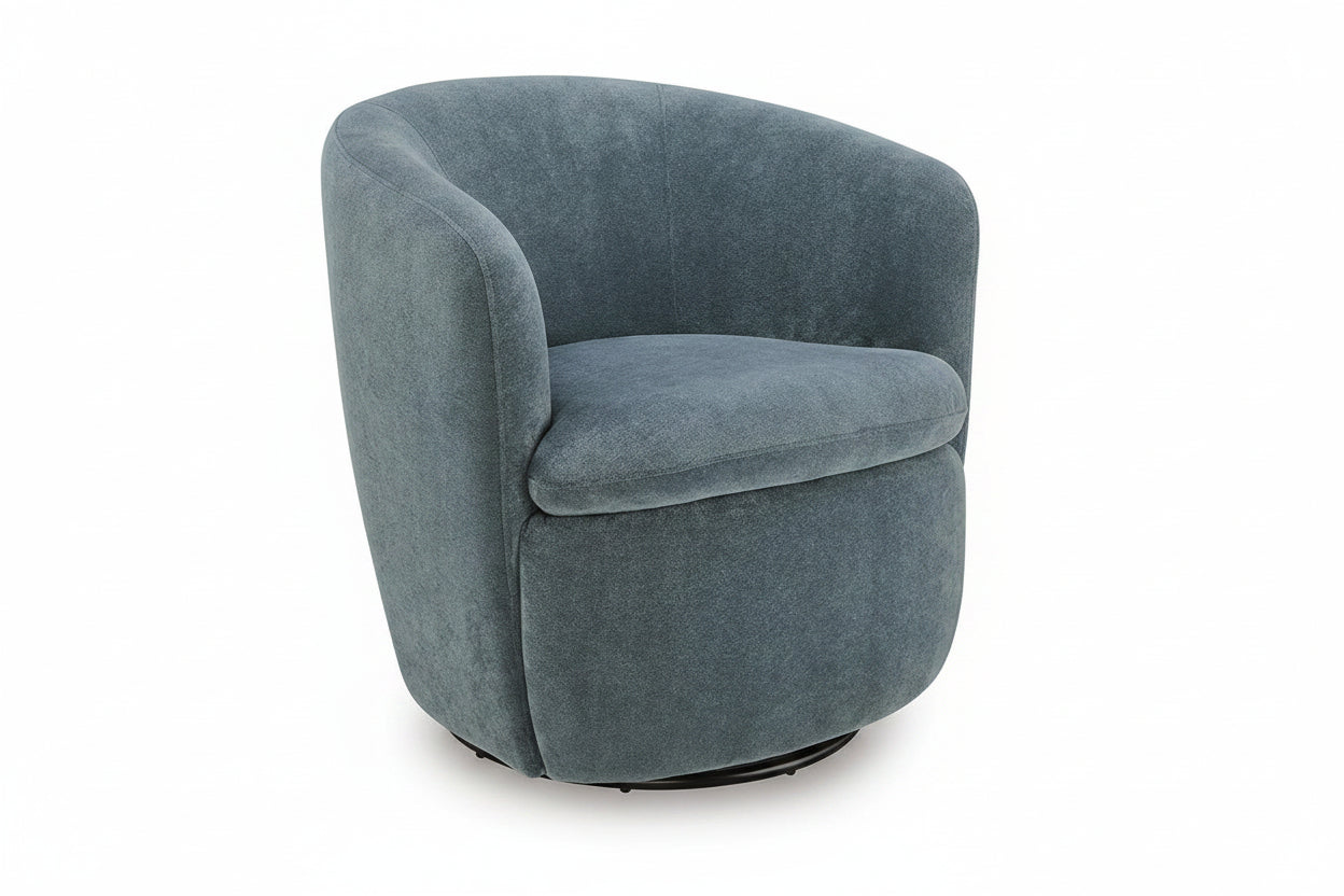 A modern barrel-style swivel armchair upholstered in textured blue-gray velvet fabric, shown on a plain white background.