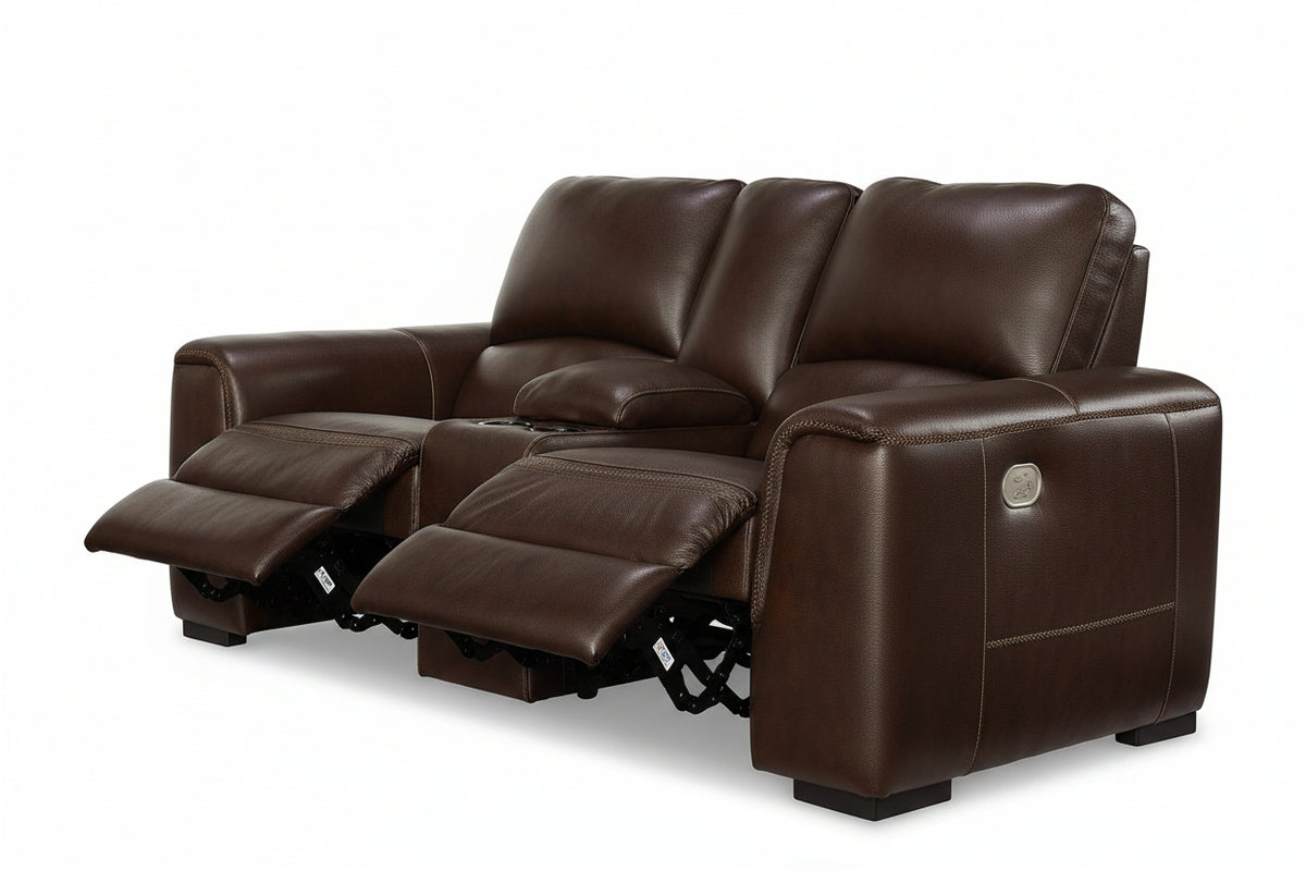 Brown leather reclining sofa with cup holders on a white background