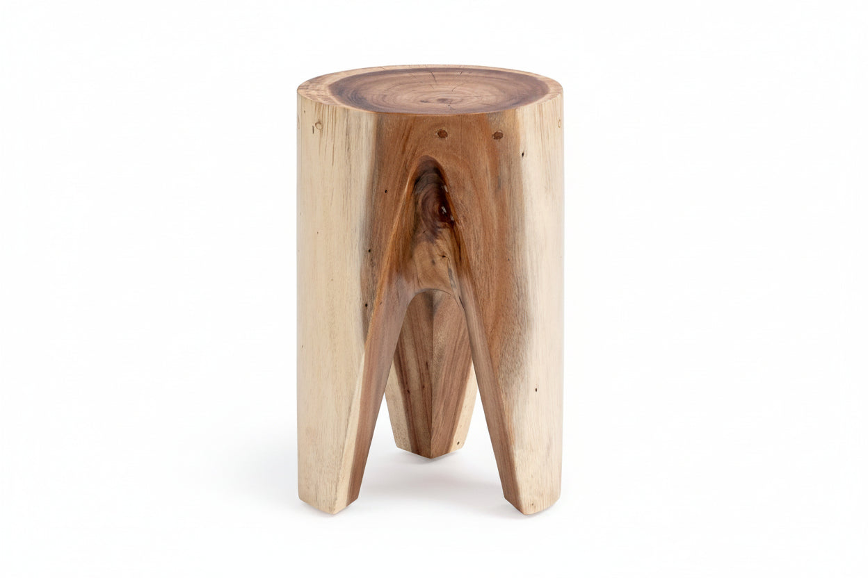 Wooden stool with a natural, raw wood finish on a white background