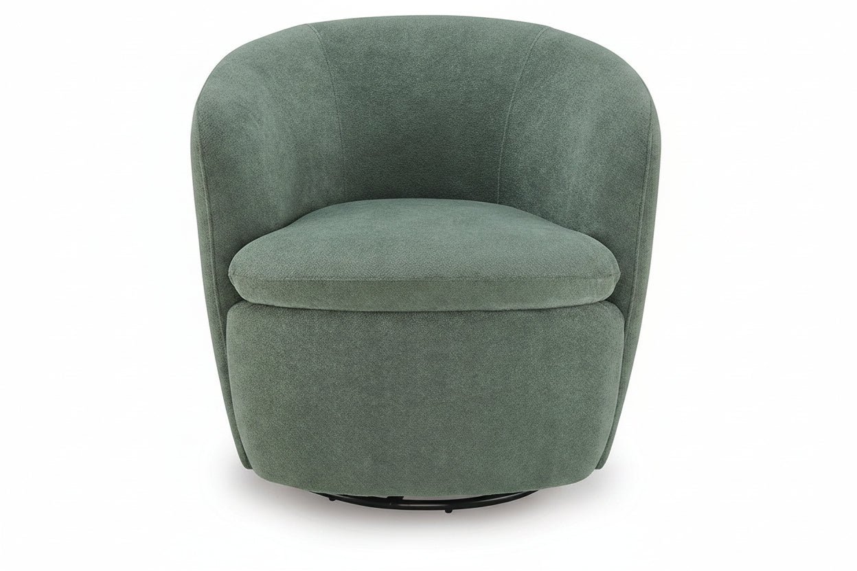 A modern barrel-style accent chair upholstered in textured sage green fabric, shown from a front-facing perspective on a white background.
