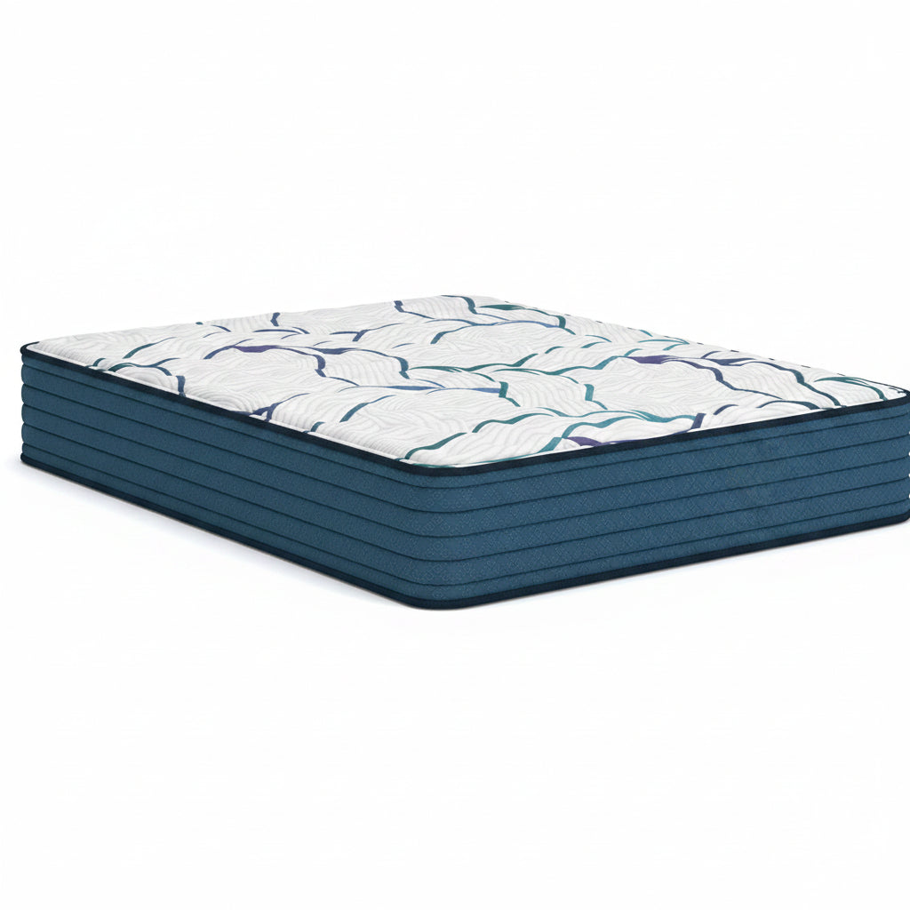 A mattress shown at an angle, featuring a dark teal blue side and a white quilted top with a blue and purple abstract leaf pattern, isolated on a white background.