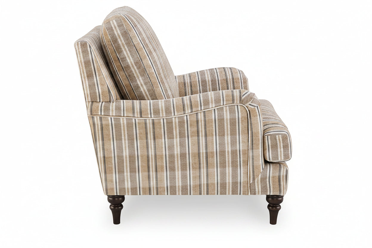 A classic armchair upholstered in a beige, brown, and white striped fabric, featuring dark wooden legs, shown from a three-quarter angle against a white background.