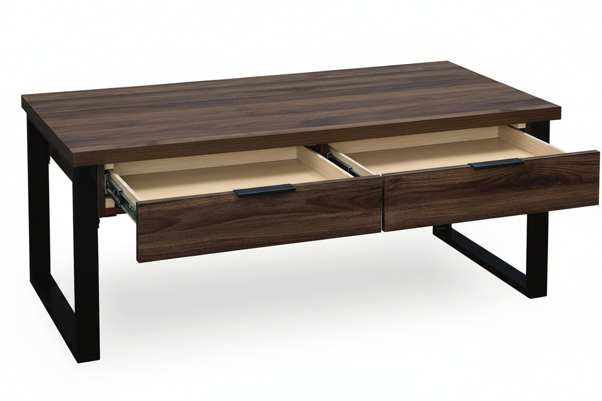 Wooden coffee table with two drawers on a white background