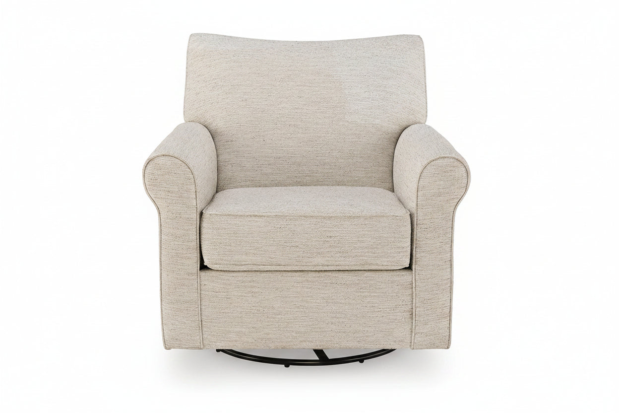 A light beige upholstered swivel armchair with a high back, rolled arms, and a black circular swivel base, shown against a plain white background.